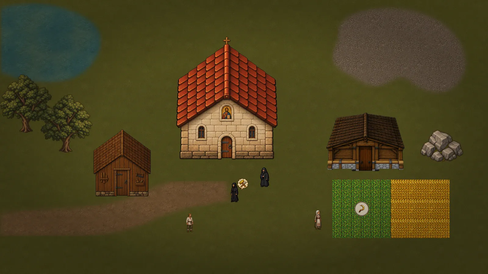 Temperate monastery scene with a chapel, workshop, barn, grain fields, villagers, and a harvest intention marker