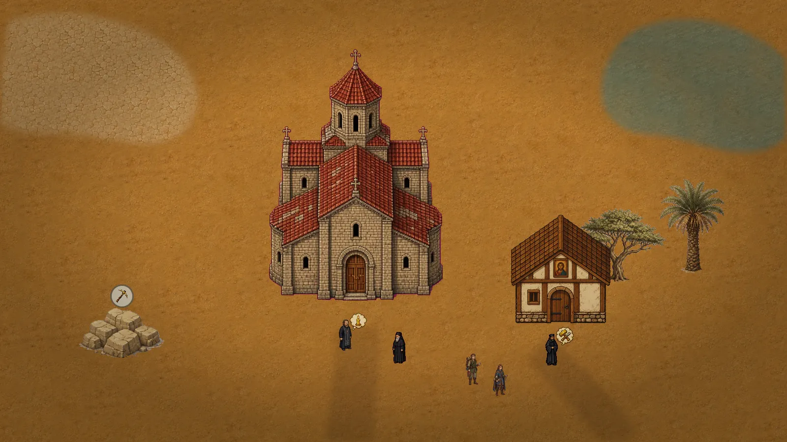 Arid monastery settlement with a church, icon workshop, monks, pilgrims, palms, water, and a stone-working intention marker