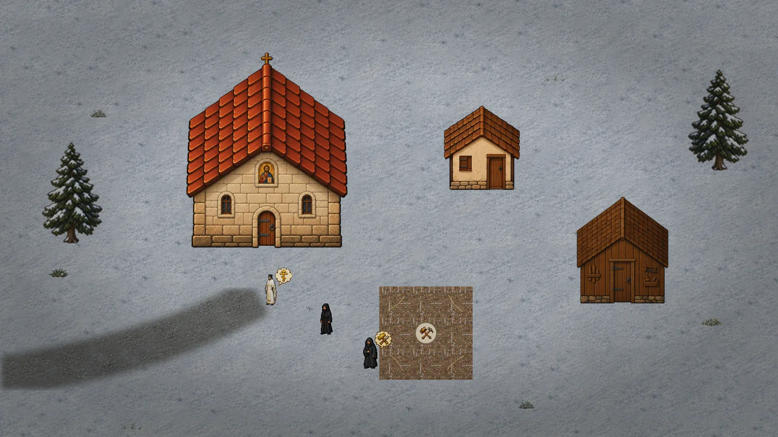 Nordic monastery scene with a chapel, monastic cell, workshop, construction site, monks, trees, and a frozen pond
